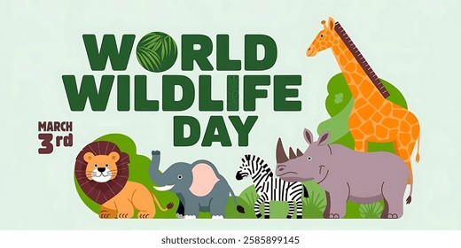 World Wildlife Day Background. World Wildlife Day celebration. March 3. Cartoon Vector illustration design for Poster, Banner, Flyer, Card, Cover, Post. animals in forest. wild animals background.