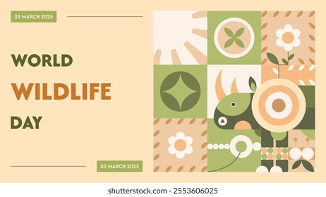 World Wildlife Day background design with mountains, flowers, an animal, and more. Vector Illustration.