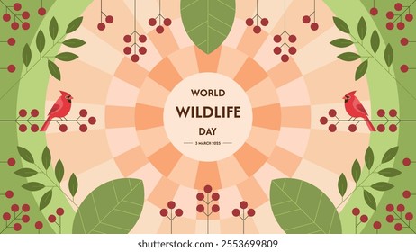 World Wildlife Day background design with leaves, birds, and cherries. Vector Illustration.