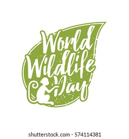 World Wildlife Day bage label card design template. Nature poster with leaf, monkey vector illustration. T-shirt print. Grunge effect easy to remove.