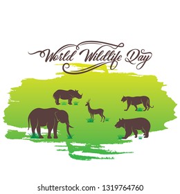 world wildlife day banner design, animal in forest design by brush stroke concept