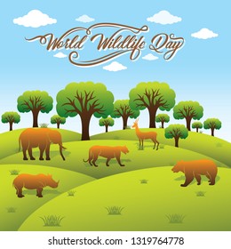 world wildlife day banner design, animal in forest design by brush stroke concept