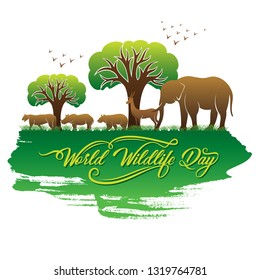 world wildlife day banner design, animal in forest design by brush stroke concept