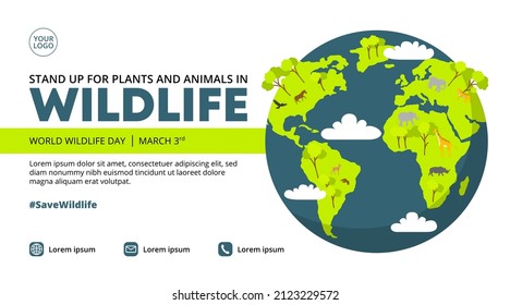 World wildlife day banner design with plants and animals on the earth