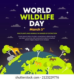 World wildlife day banner with plants and animals in the world