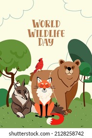 World Wildlife Day Card mit Tier im Wald. Vektorgrafik für soziale Medien, Kopfzeilen, Website, Poster, Einladung