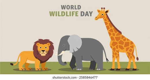 World Wildlife Day celebration. March 3. Cartoon Vector illustration design for Poster, Banner, Flyer, Card, Cover, Post. Wild Animals.