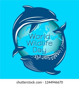 World Wildlife Day. The concept of an environmental event. Whale and dolphin on the background of the contours of the planet Earth