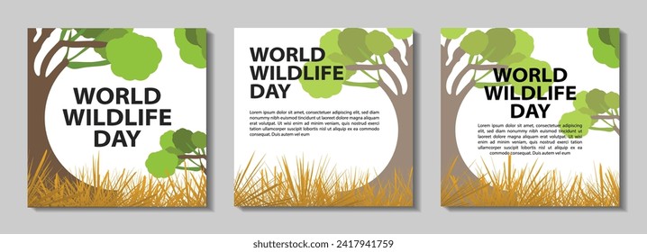 World Wildlife Day concept with the forest. Modern flat vector illustration. Web banner template and post design. animal, Social media post, earth, eco, elephant, animal day, fauna, giraffe, global,