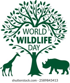 World Wildlife Day Concept with Giraffe, Rhino, and Tree for Eco-Friendly Posters and Graphics