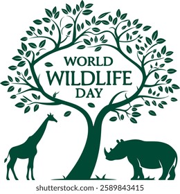 World Wildlife Day Concept with Giraffe, Rhino, and Tree for Eco-Friendly Posters and Graphics