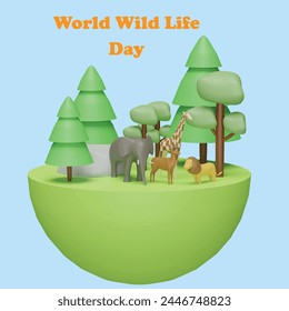 World wildlife day concept. Realistic 3d object cartoon style.