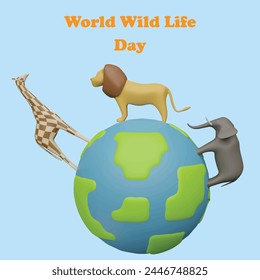 World wildlife day concept. Realistic 3d object cartoon style.