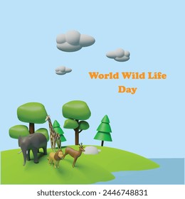 World wildlife day concept. Realistic 3d object cartoon style.