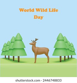 World wildlife day concept. Realistic 3d object cartoon style.