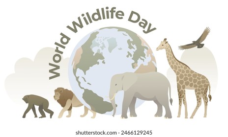 World Wildlife Day concept with wild animals and earth. Mammals and globe flat vector illustration on white background. Design for banner, postcard, flyer.