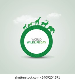 World wildlife day creative ads design. March 3 wildlife Day social media poster vector 3D illustration. 
