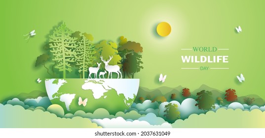 World Wildlife Day with the deer family and butterfly in forest, Paper art, paper cut and origami craft style. Vector illustration world environment wildlife day with animal on earth in natural.