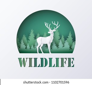 World Wildlife Day with deer in forest , Paper art and digital craft style.