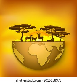 World Wildlife Day with deers in forest with sun set , Paper art and digital craft style.
