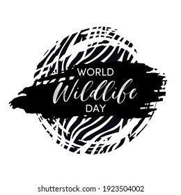 World Wildlife Day Design. Wild animals protect and conservation background. Grunge Zebra skin Logo Template. Vector illustration.