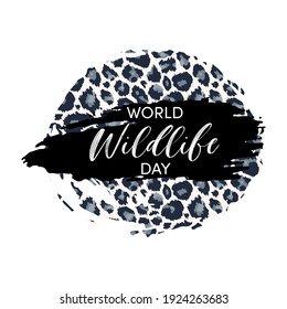 World Wildlife Day Design. Wild animals protect and conservation background. Grunge snow leopard skin Logo Template. Vector illustration.