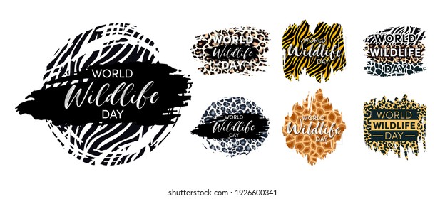 World Wildlife Day Designs set. Wild animals protect and conservation background. Grunge leopard, zebra, tiger and giraffe skin stiker template. Vector illustration.