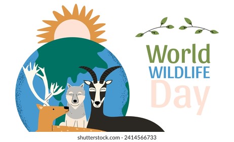 World Wildlife Day graphic modern background. Benner with wild animals. Conceptual biodiversity poster. Vector illustration in flat style.