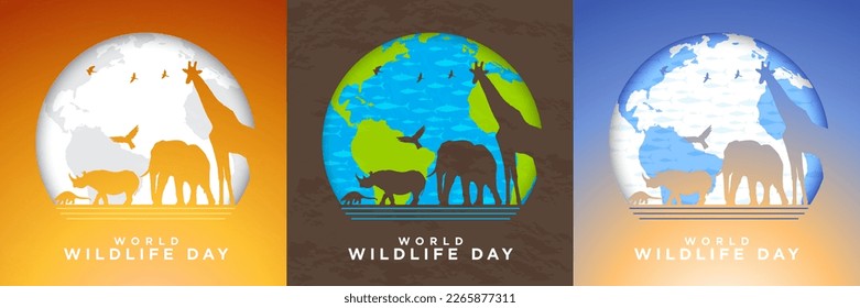 World Wildlife Day Greeting Card Posters Set, Animal silhouettes on background of Earth. Vector Illustration. EPS 10.