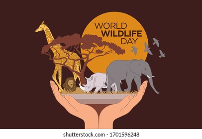 World Wildlife Day. Happy wildlife day web banner illustration. Wild animals with African safari decoration for animal care. 