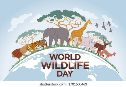 World Wildlife Day. Happy wildlife day web banner illustration. Wild animals with African safari decoration for animal care and conservation. 