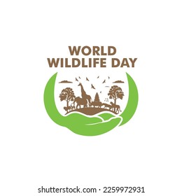 World Wildlife Day. Happy wildlife day web banner illustration. Wild animals with African safari and sea animals decoration for animal care