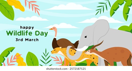 world wildlife day horizontal banner illustration in flat design