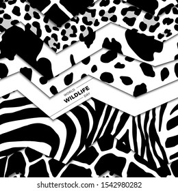 World wildlife day illustration. Animal skins of Africa for animal care and conservation. Zebra, leopard, giraffe and cheetah. Zigzag background for covers, postcards, social networks.