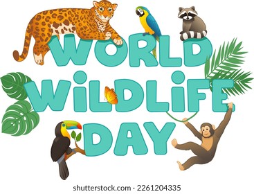 World Wildlife Day illustration with animals in cartoon stile 