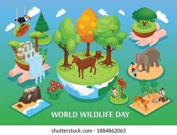 World wildlife day isometric background with cartoon animals of forest jungle savannah and ocean vector illustration