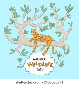 World Wildlife Day lettering with leopard lying on a tree. Vector color illustration in filled outline style.