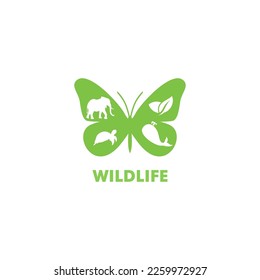 World Wildlife Day logo vector, butterfly with African safari and sea animals decoration for animal care