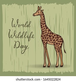 World Wildlife Day, March 3. Hand lettering. Giraffe. Template for postcard, banner, poster, web pages design. Hand Drawn vector illustration.