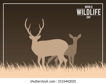 World wildlife day. March 3. Silhouette of a stag and a deer in the meadow. Poster or banner.
