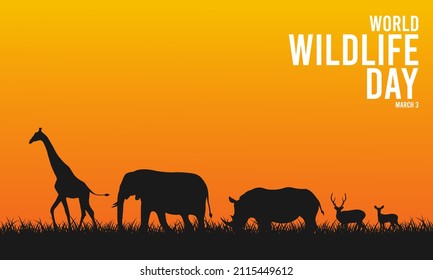 World wildlife day. March 3. Vector illustration of silhouettes of giraffes, elephants, rhinos, stags and deer on a meadow in the afternoon. Poster or banner. Flat design vector illustration.