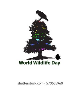 World Wildlife Day. March 3. The black silhouette of tree. Raven, the beetle Vector illustration