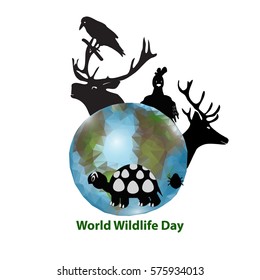 World Wildlife Day. March 3. Black silhouettes of animals. Deer, moose, crow, chicken, turtle, beetle. Planet Earth. Vector illustration