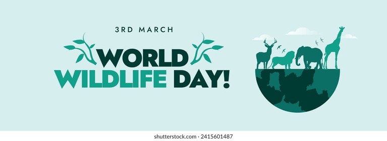 Weltnaturerbe-Tag. 3. März, World Wildlife Day Cover Banner mit Silhouette Wildtiere, Erde Globus im digitalen Handwerk Stil. Konzept der wild lebenden Tiere und Pflanzen zum Schutz und zur Rettung wild lebender Tiere und Pflanzen. 

