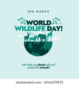 Weltnaturerbe-Tag. 3. März, World Wildlife Day Banner mit Silhouette Wildtiere, Erde Globus im digitalen Handwerk Stil. Konzept der wild lebenden Tiere und Pflanzen zum Schutz und zur Rettung wild lebender Tiere und Pflanzen. 