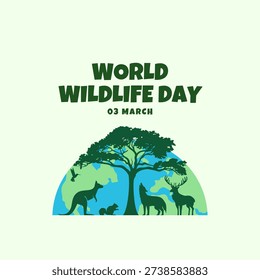 World Wildlife Day. March 3rd, World Wildlife day banner with silhouette wild animals, earth globe in digital craft style. Wild life concept to save and protect wild animals and plants.
