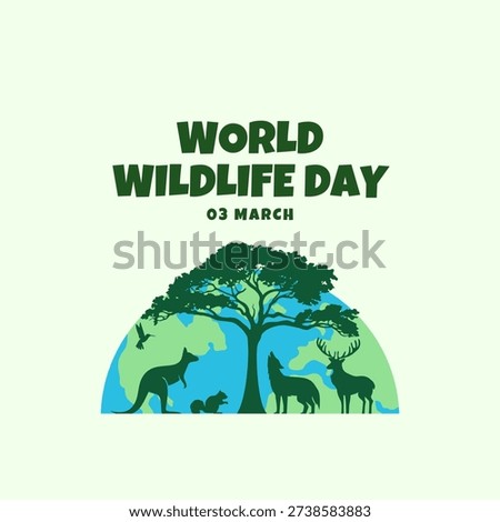 World Wildlife Day. March 3rd, World Wildlife day banner with silhouette wild animals, earth globe in digital craft style. Wild life concept to save and protect wild animals and plants.