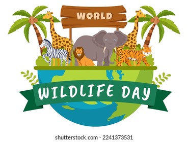 World Wildlife Day on March 3rd to Raise Animal Awareness, Plant and Preserve Their Habitat in Forest in Flat Cartoon Hand Drawn Template Illustration