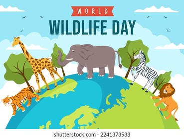 World Wildlife Day on March 3rd to Raise Animal Awareness, Plant and Preserve Their Habitat in Forest in Flat Cartoon Hand Drawn Template Illustration