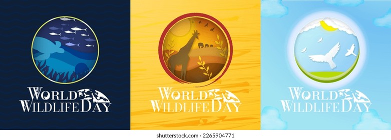 World Wildlife Day Paper Origami Poster Set.  Paper cutout of animals in their habitats. Turtles and fish in the ocean. Giraffe and Elephants in safari. Birds in the sky. Vector Illustration. EPS 10.